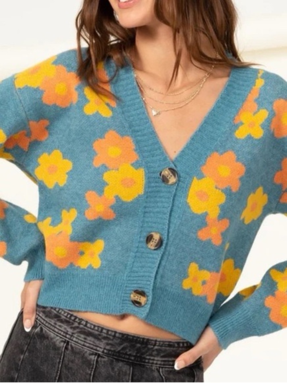 HYFVE Teal With Orange/Yellow Flowers Cardigan Size Small
